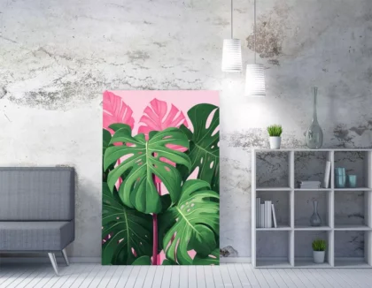 MONSTERA LEAF TRENDY ART PINK & GREEN FRAMED CANVAS WALL ART PRINT - Image 2