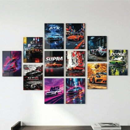 12 Pcs Sports Car PVC Wall Decor Set – Premium Waterproof Car Posters for Bedroom, Gaming Room & Garage