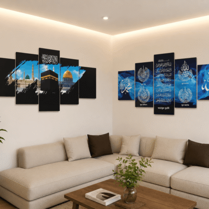 Makka Madina Al Aqsa and Ayatul Kursi 4 Qul calligraphy 36×18 inch 2 set canvas